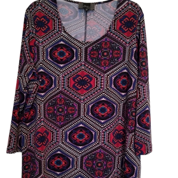 Slinky Brand blue red print long sleeve tunic top Scoop neckline SZ XL - Picture 1 of 6